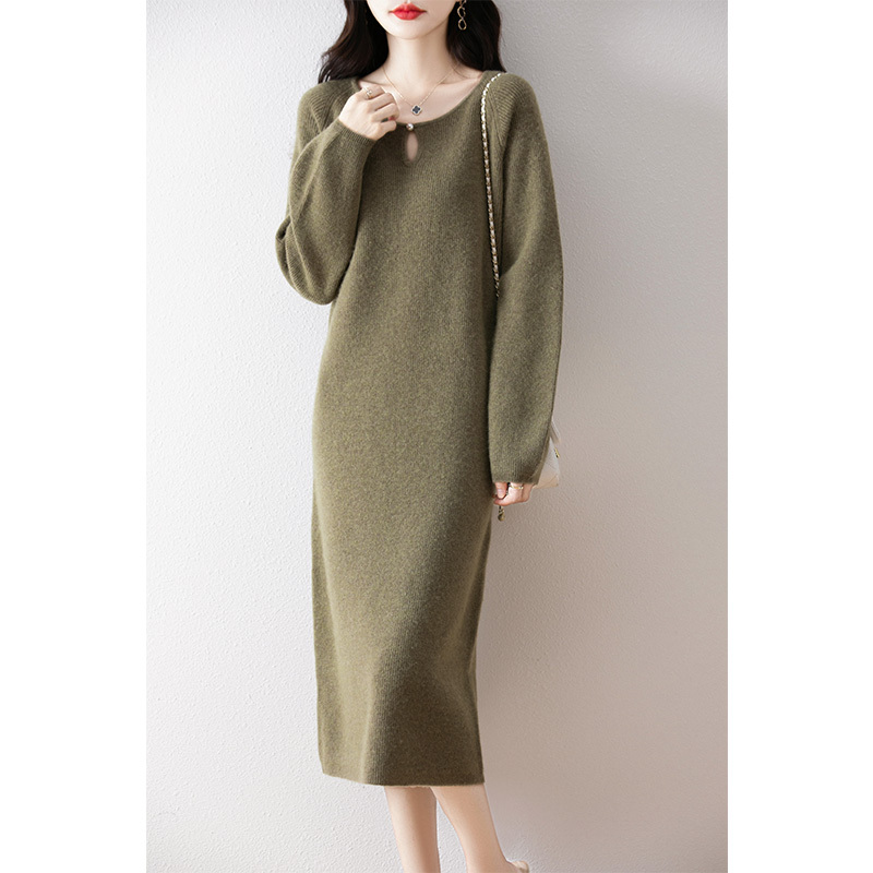 New Style Dress for Women, Autumn and Winter Long Round-Neck Wool Sweater Knit Dress, Straight French Long-Sleeve Base Dress