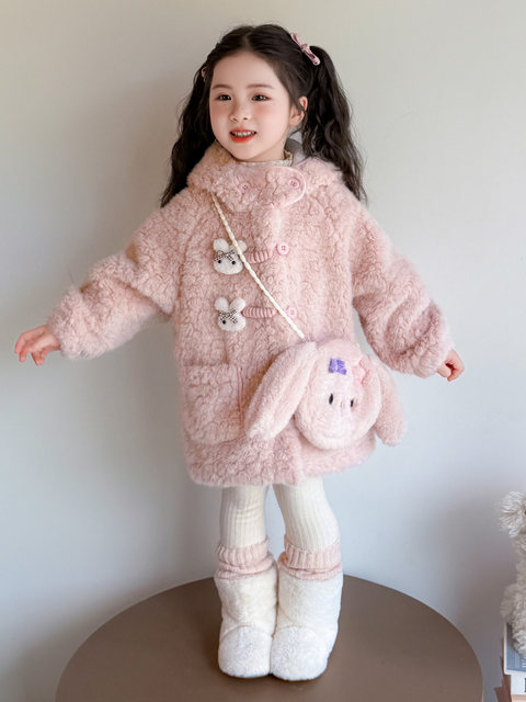 Girls' Autumn and Winter Rabbit Ear Lamb Wool Coat, New Style Children's Fleece-Lined Thickened Fur Sweater Jacket, Baby Girl Winter Clothing