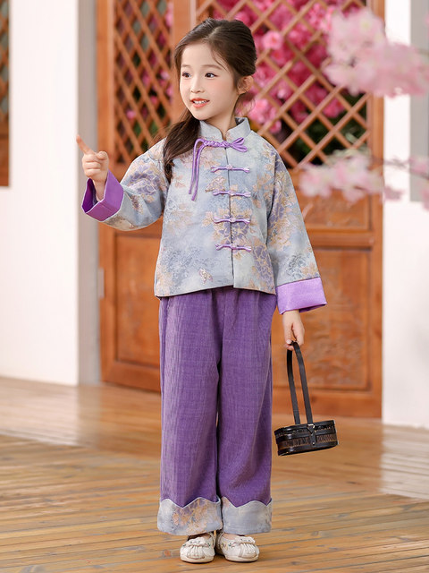Girls' New Chinese-Style Tang Suit Spring Outfit 2025 New Children's Hanfu Jacket with Traditional Buttons, National Style Girl's Wide-Leg Pants Set
