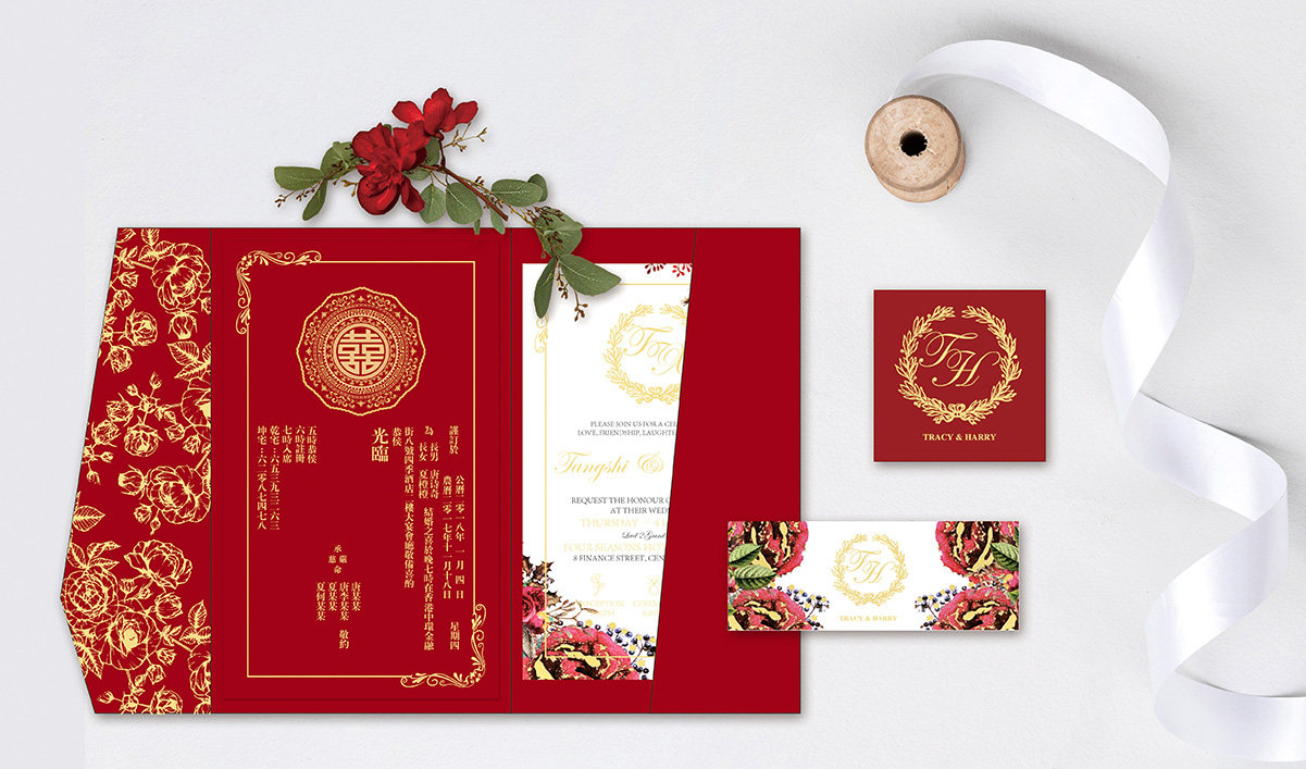 Tri-fold red high-end bronzing retro Chinese and English version wedding invitation card wedding annual meeting invitation letter invitation opening