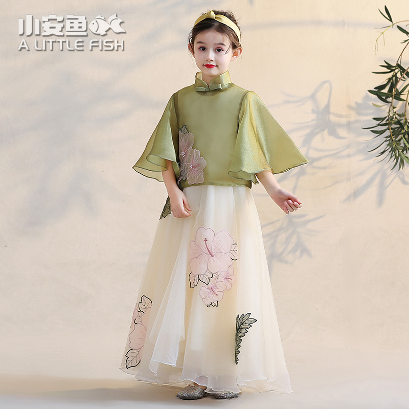 Children's Dress Princess Dress Girls Puffy Yarn Chinese High-end Noble Chinese Style Hanfu Catwalk Guzheng Costume