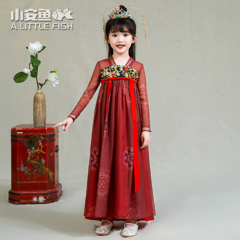 Children Handclothes Ocean Dress Spring Dress Girl Light Yarn jacket Gun dress Chinese Wind baby Tang Costume Ancient Wind Super Fairy thin