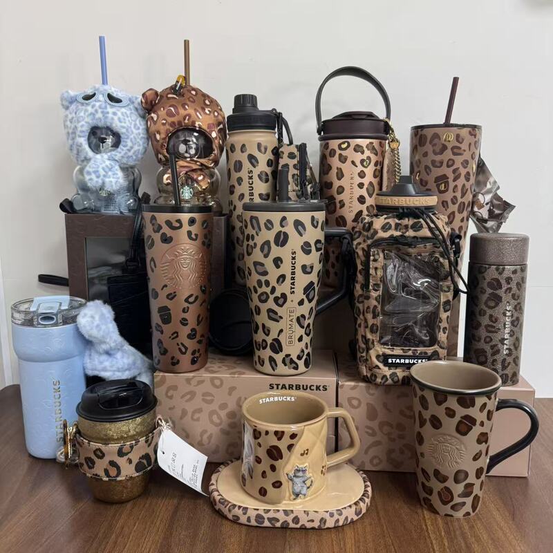 Starbucks Cup Leopard Print Ceramic Mug Glass Straw Coffee Titanium Cup Large Capacity Insulated Gift Box