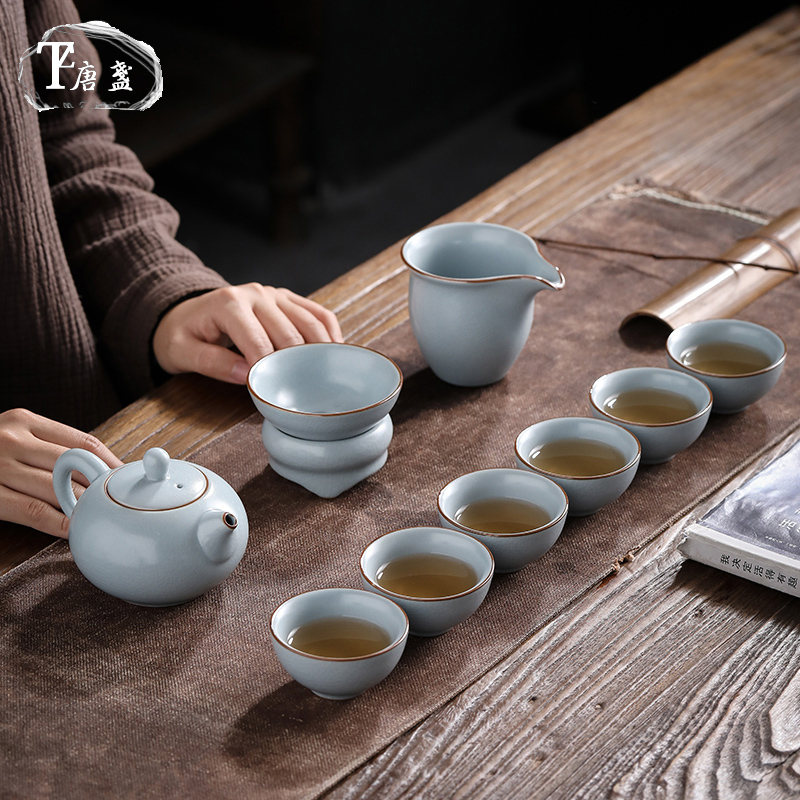 Tang ZhengRu Kiln Tea Set set Xisch side to take cover bowl Gongfu tea with household tea set The whole set of Ru porcelain open sheet suit-Taobao