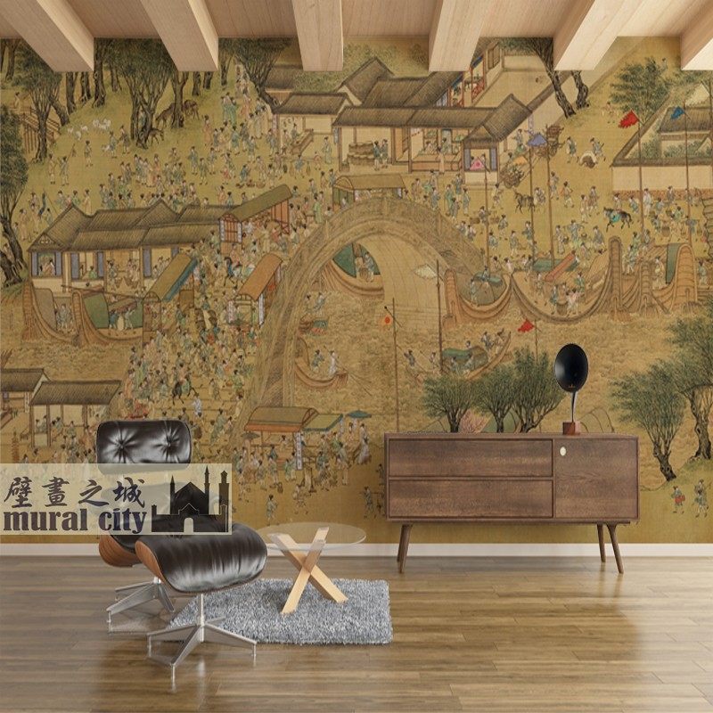 Ancient painting Tomb-Sweeping on River Tuwall Wall Paper Retro Style City Well Painting Wall Cloth Chinese Street Bridge Song Painting Background Wall Mural Painting-Taobao