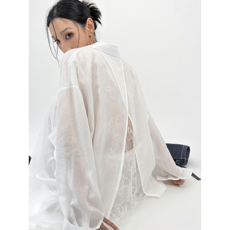 Double Z Summer Breathable Sun-Protective White Shirt for Women with Back Slit, Lace Splicing, Long Sleeves, Loose Top, Thin Double Z Summer Breathable Sun-Protective White Shirt for Women with Back Slit, Lace Splicing, Long Sleeves, Loose Top, Thin