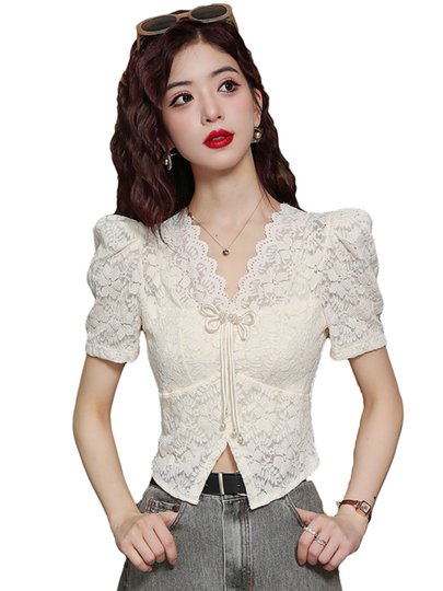 国风v领短袖蕾丝衬衫女夏季2025新款盘扣开叉新中式雪纺衫上衣潮