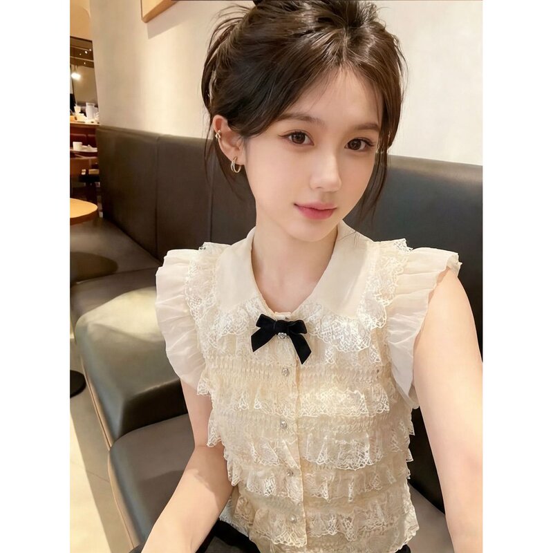 Chanel-Style Lace Patchwork Bow-Tie Flutter-Sleeve Blouse for Women, Summer Cake-Layer Design, Unique and Stunning Top Chanel-Style Lace Patchwork Bow-Tie Flutter-Sleeve Blouse for Women, Summer Cake-Layer Design, Unique and Stunning Top