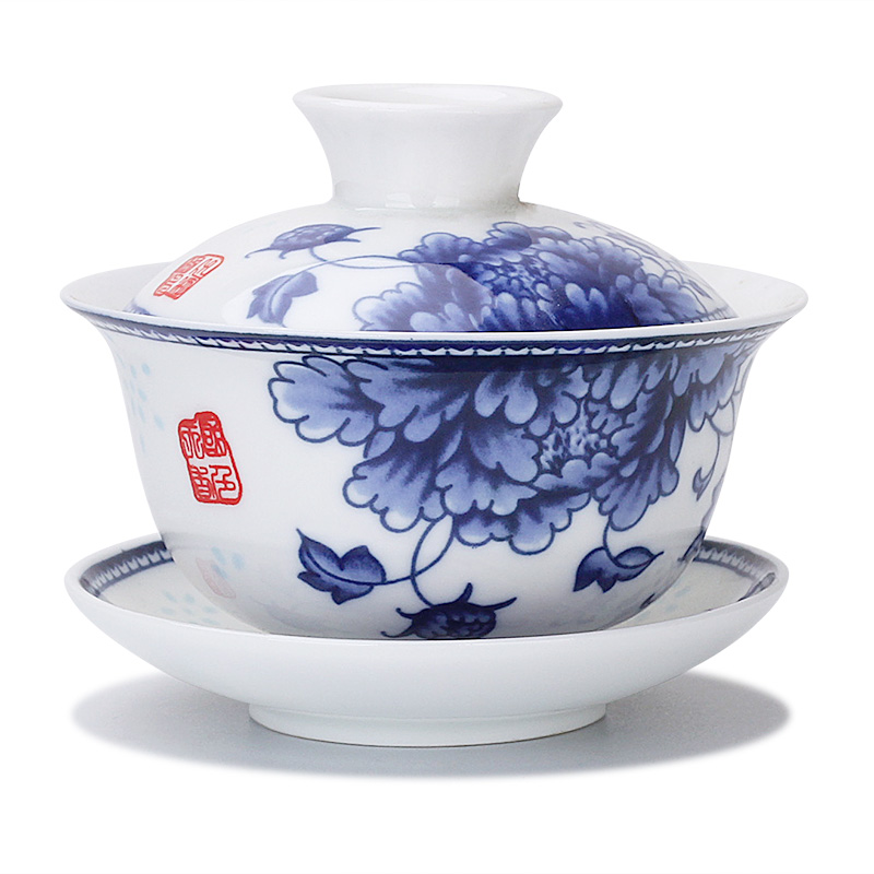 Jingdezhen pure manual only three tureen large cups kung fu tea set ceramic white porcelain tea bowl of blue and white porcelain