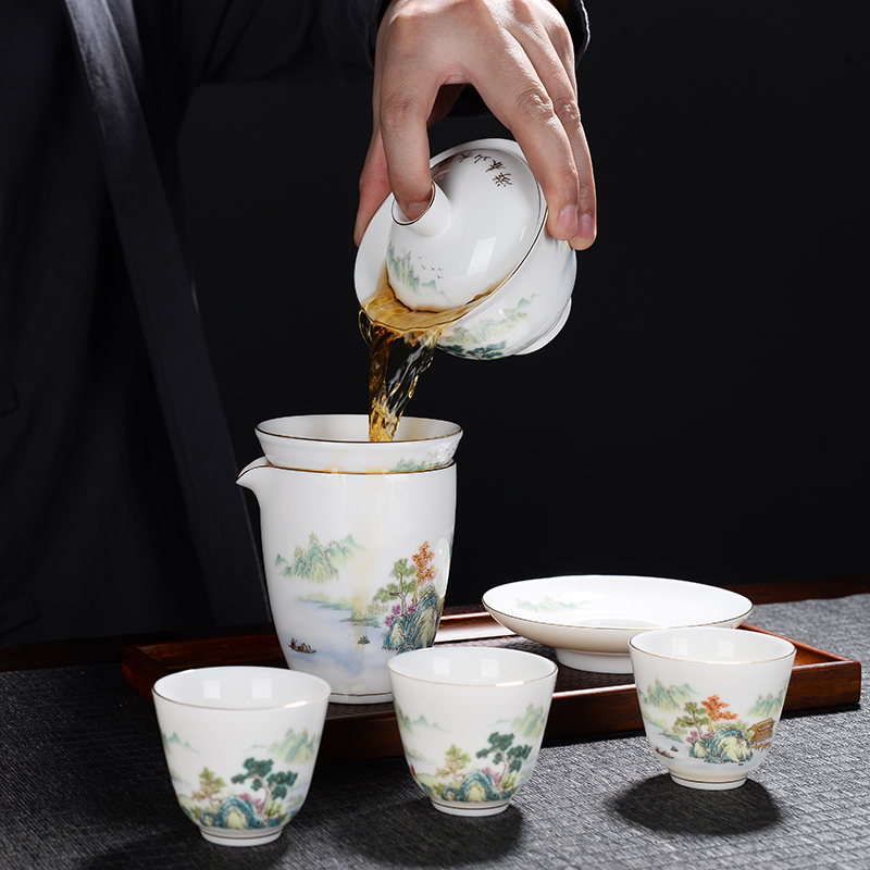 Suet jade porcelain kung fu tea set of a complete set of dehua white porcelain household contracted sitting room tea cup lid bowl suit
