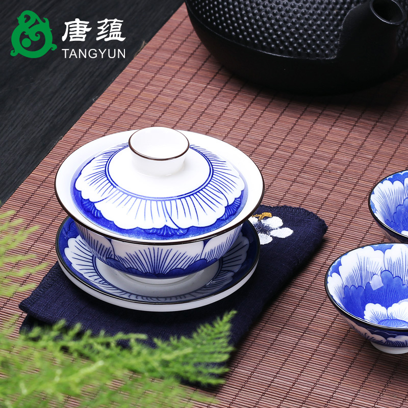 Kung fu tea set tea for tea tureen large tea cups of blue and white porcelain bowl only three bowl of jingdezhen ceramics