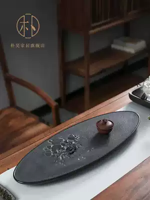 Park Hao whole board natural black gold stone tea tray Wujinshi solid wood tea tray household tea table embossed stone tea tray