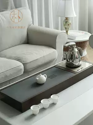 Whole piece of Wujin Stone tea tray solid wood tea table drawer drainage tea set home office induction cooker combination Tea Sea