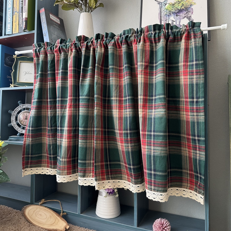 Christmas British-Style Plaid Cotton and Linen Short Curtains, American Retro Curtains, Half-Blocking Cabinet Curtains, Dormitory Blocking Curtains
