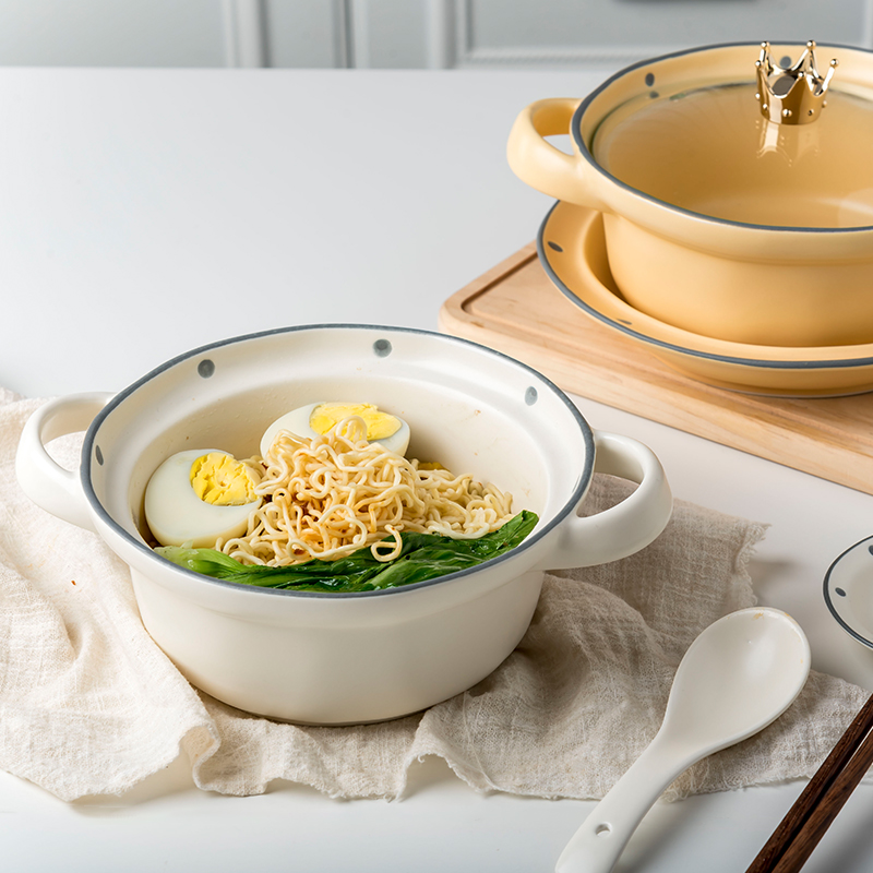 Japan-style Binaural Bowl With Lid Ceramic Foam Noodle Bowl Home Bowl Single Student Dormitory Soup Bowl Personality Bowl