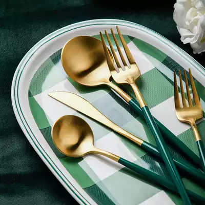 Nordic dark green Golden Knife set set Western tableware 304 stainless steel steak knife and fork spoon INS Wind three-piece set