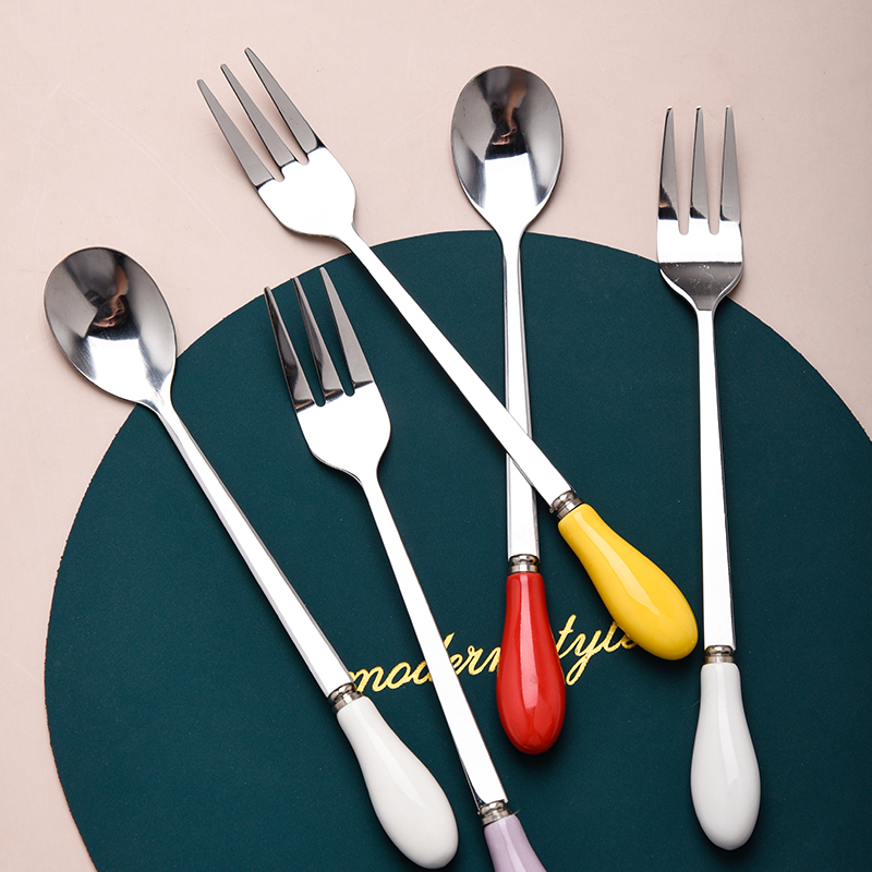 Nordic creative color fruit fork ceramic handle fruit signature purple girl small fork cake dessert spoon coffee spoon