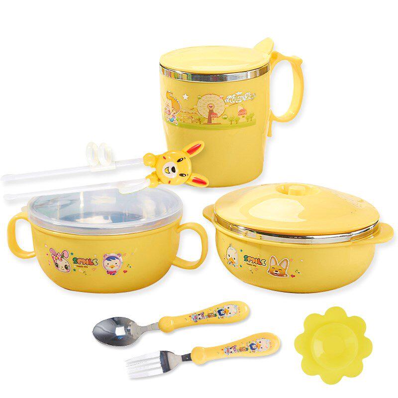 Children's tableware set cute cartoon household baby anti-fall heat insulation stainless steel special children's eating bowl tableware