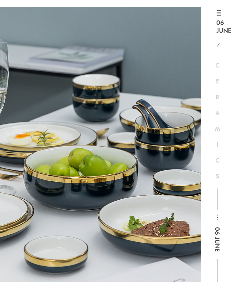 Dishes suit household creative Dishes chopsticks Nordic web celebrity ins move ceramic light wind key-2 luxury emerald tableware