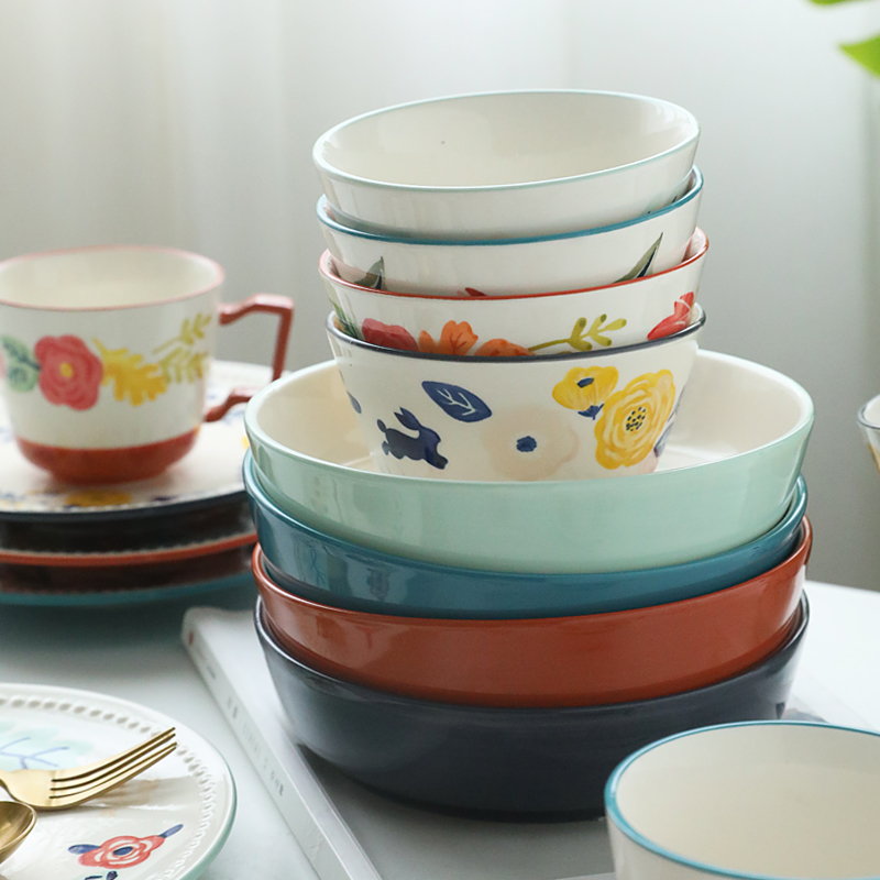 Japanese eat rice bowl ceramic tableware dishes dishes suit household large soup bowl rice bowls a single rainbow such use salad