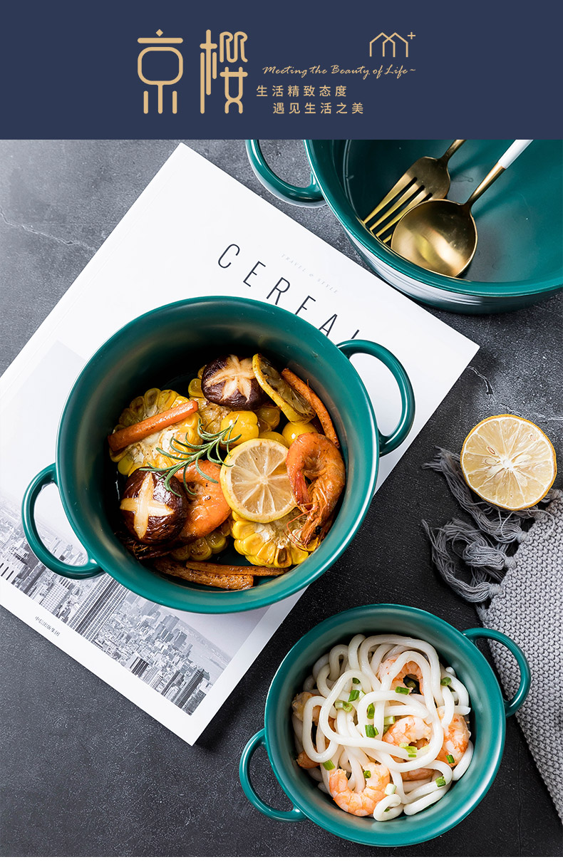 Creative household large ears ceramic bowl soup can pull a single light exquisite key-2 luxury Nordic tableware move ins rainbow such use