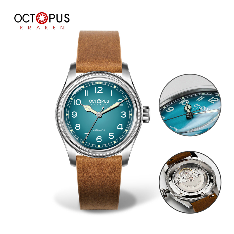 Octopus Octopus 38mm Retro Pilot Large Crown Coin Pattern Mechanical Watch Genuine Leather Luminous Waterproof