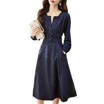 Long sleeves one-piece dress Women 2023 Spring autumn season new collection waist display slim and slim-age temperament V collar light ripening long dress