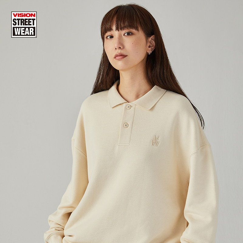 VISION retro splicing water washed as old loose long sleeve polo collar necropolis for men and women with the 22 22 new