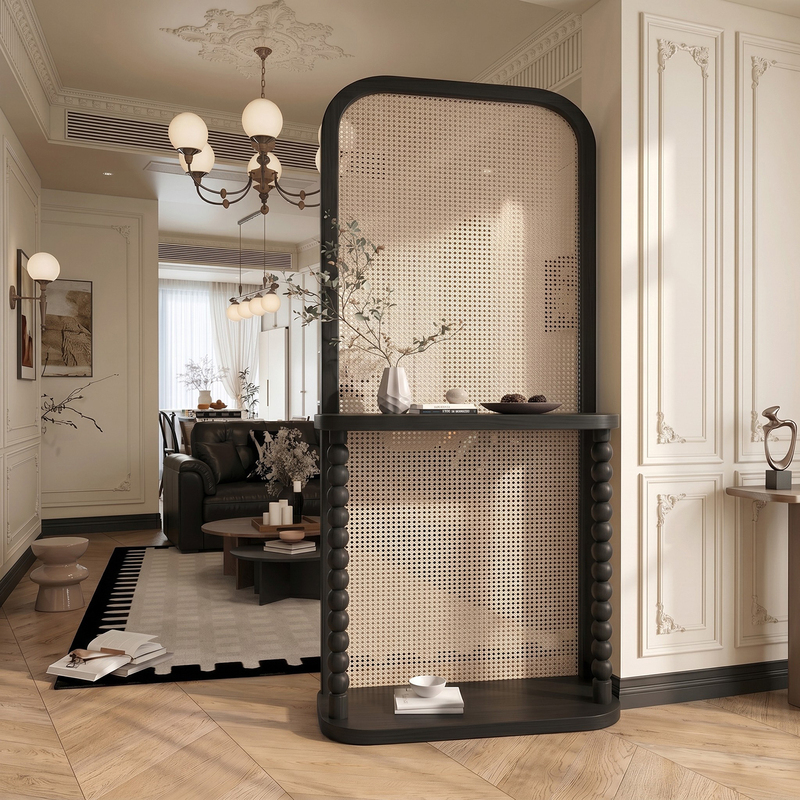 Solid Wood Rattan Screen Partition for the Living Room, Facing the Entrance Door, Blocking the Foyer, with a Vintage French-Style Movable Storage Shelf