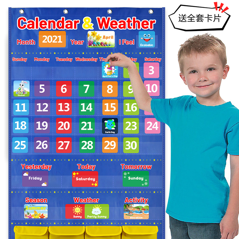 Children's English Calendar Hanging Bag Classroom Hanging Time Teaching Aids to Learn about Dates, Seasons, and Weather Pocket Chart