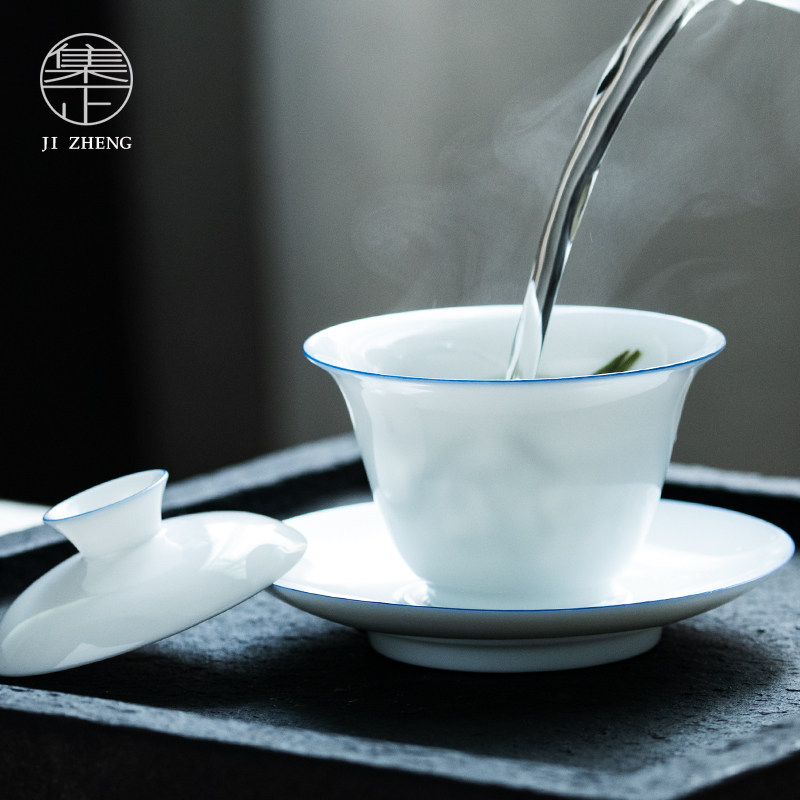 Set up blue edge thin tire jade mud three-only cover bowl clear through view soup tea set sweet white porcelain toast with tea bowl cover cup home