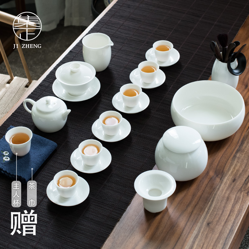 Jizheng Pig Oil White Tea Set Dehua Premium White Porcelain Jade Ceramic Kung Fu Tea Set with Gaiwan Complete Set for Home Use Jizheng Pig Oil White Tea Set Dehua Premium White Porcelain Jade Ceramic Kung Fu Tea Set with Gaiwan Complete Set for Home Use