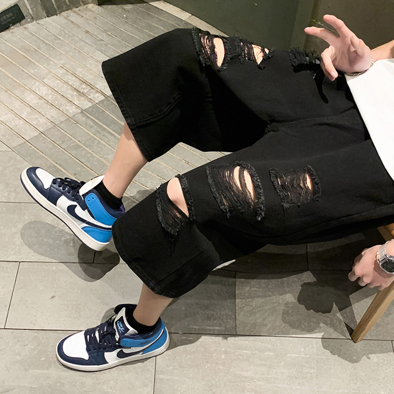 Black Cropped Pants Summer Ripped Jeans High Street Men's Trendy Straight Loose Hip-Hop Pants Six-Point Pants Black Cropped Pants Summer Ripped Jeans High Street Men's Trendy Straight Loose Hip-Hop Pants Six-Point Pants