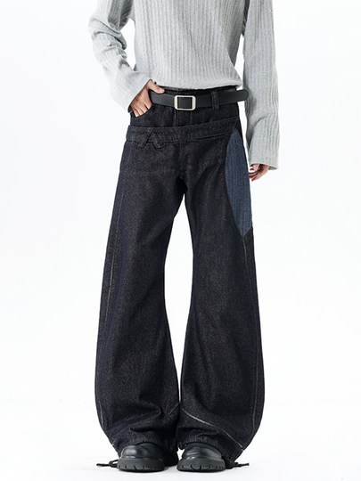 American high street double waist jeans for men in autumn and winter, trendy brand loose wide-leg spliced machete pants with design bootcut pants
