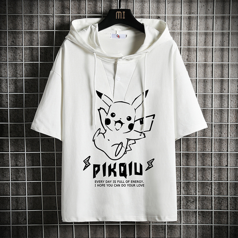 Hooded T-shirt men's spring and summer trend large size thin section short-sleeved sweater 2023 new Pikachu half-sleeved top clothes
