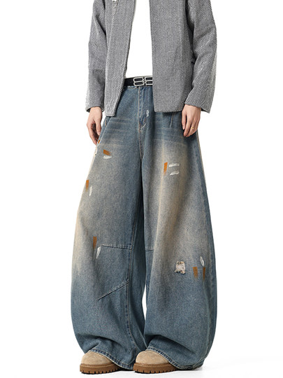 American Retro Style Distressed Paint Effect Curved Hem Jeans for Men and Women, Spring Trendy Brand Versatile Loose Straight Casual Long Pants