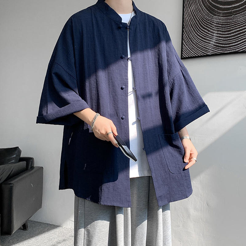 New Chinese Style Men's Linen Short-Sleeved Shirt, Men's Summer Cheongsam-Style Hanfu Robe Jacket, Zhongshan Suit, Tang Suit, Mandarin Jacket