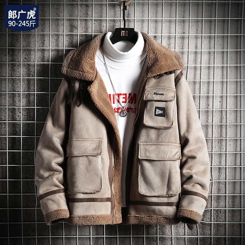 Autumn and winter fatter fur integrated jacket male lamb wool cotton coat plus suede thickened cotton suit large size deer leather velvet padded jacket