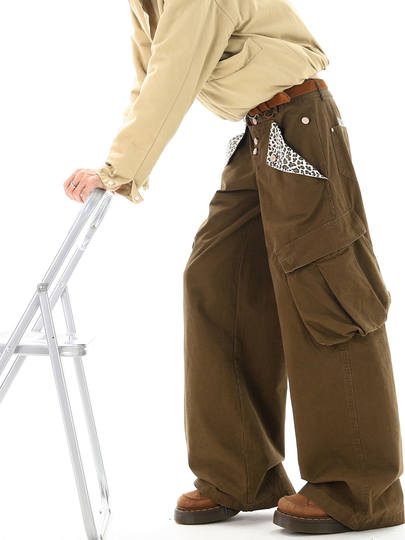 American washed leopard print overalls for men in autumn and winter trendy brand loose wide-leg casual sports pants design long pants