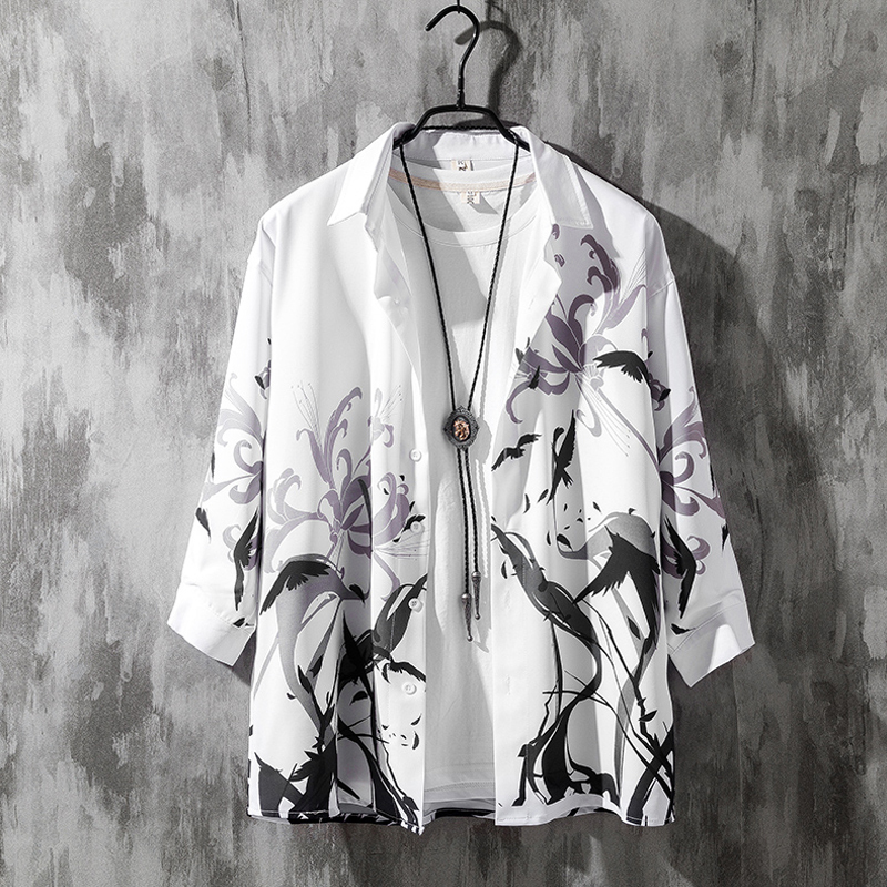 Summer Three-Quarter Sleeve Floral Shirt for Men, Short-Sleeved Loose-Fitting Traditional Style Long-Sleeved Shirt Jacket, Men's Clothing, Plus Size Shirt for Big and Tall Men