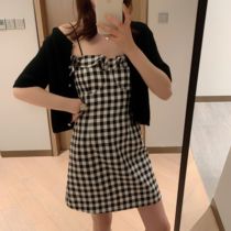 French retro plaid suspenders dress 2020 new summer little waist slim sexy little black dress