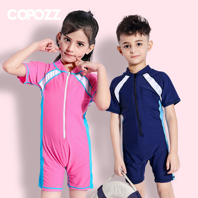 COPOZZ children's swimsuit one-piece boys and girls flat corner swimsuit small, middle and large Children short sleeve quick-drying diving suit suit