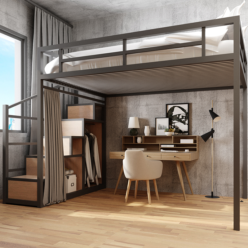 Wrought Iron Loft Elevated Bed with Upper Bunk and Lower Desk for Home Use, Adult Suspended Bed, Duplex Second Floor Bed with Space Underneath Wrought Iron Loft Elevated Bed with Upper Bunk and Lower Desk for Home Use, Adult Suspended Bed, Duplex Second Floor Bed with Space Underneath