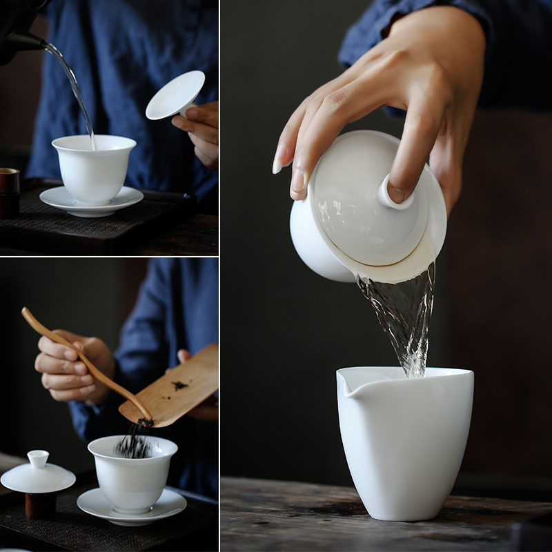 ShangYan dehua white porcelain tureen large three cups to tureen tea cup, informs jade porcelain kunfu tea tea bowl