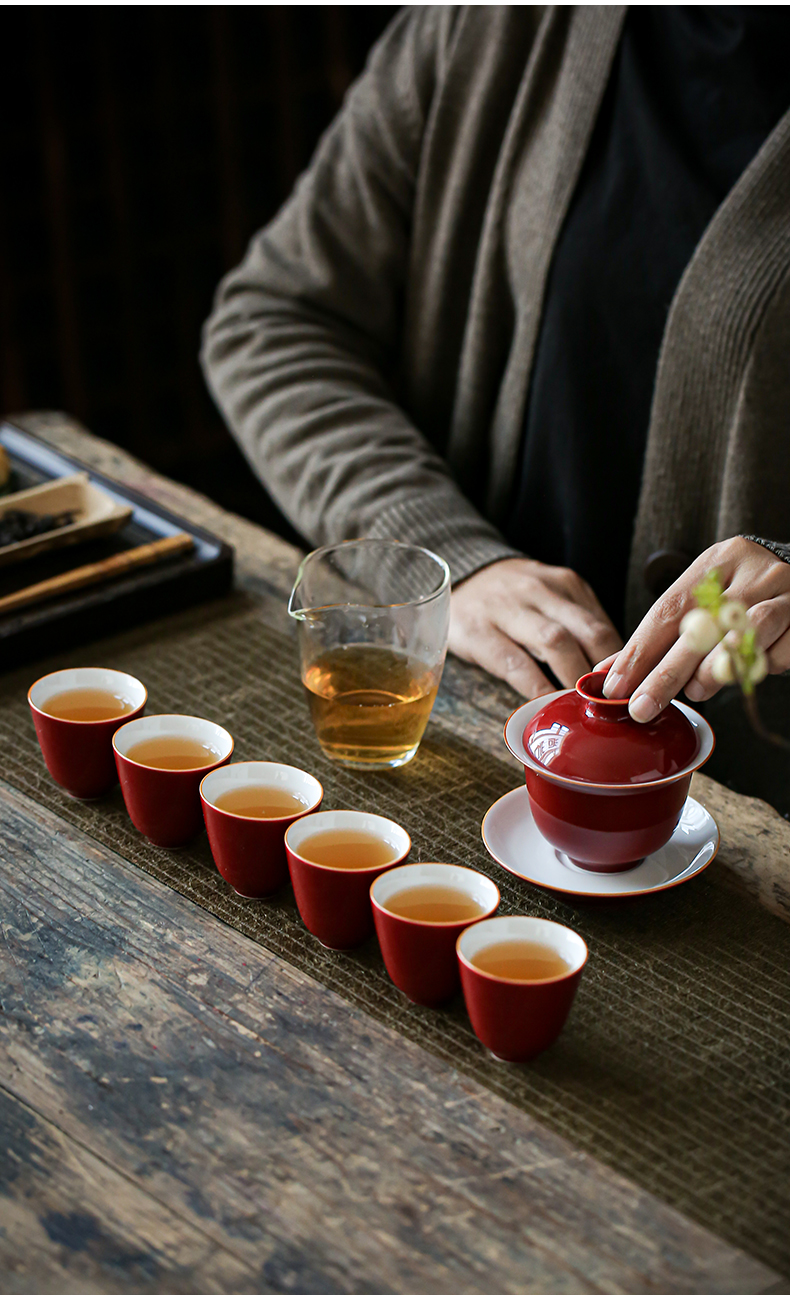 Ceramic tureen kung fu tea cups suit household red worship cup bowl is contracted a complete set of 6 cups of tea set