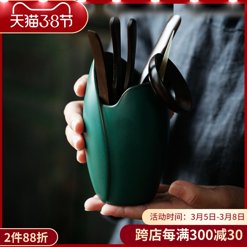 ShangYan ceramic tea six gentleman 's suit black TanZhu wood grain kung fu tea accessories tea spoon ChaGa tea is a complete set