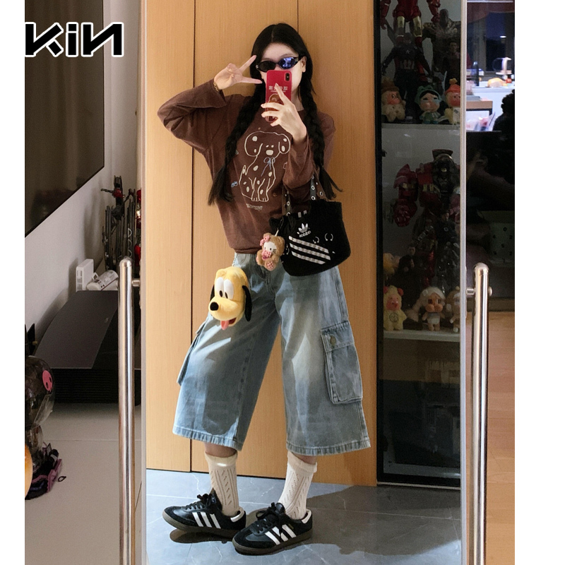 Retro Light Blue Low-Waisted Wide-Leg Cargo Pants for Women, Versatile Loose-Fitting Multi-Pocket Straight-Leg Denim Capri Pants for Summer