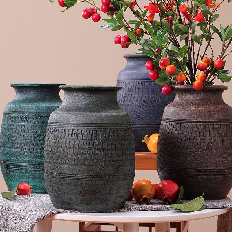 Yongyue handmade crude pottery pot vase wabi-sabi style antique old-fashioned flip-top bottle hotel decoration decoration clay pottery flower ware