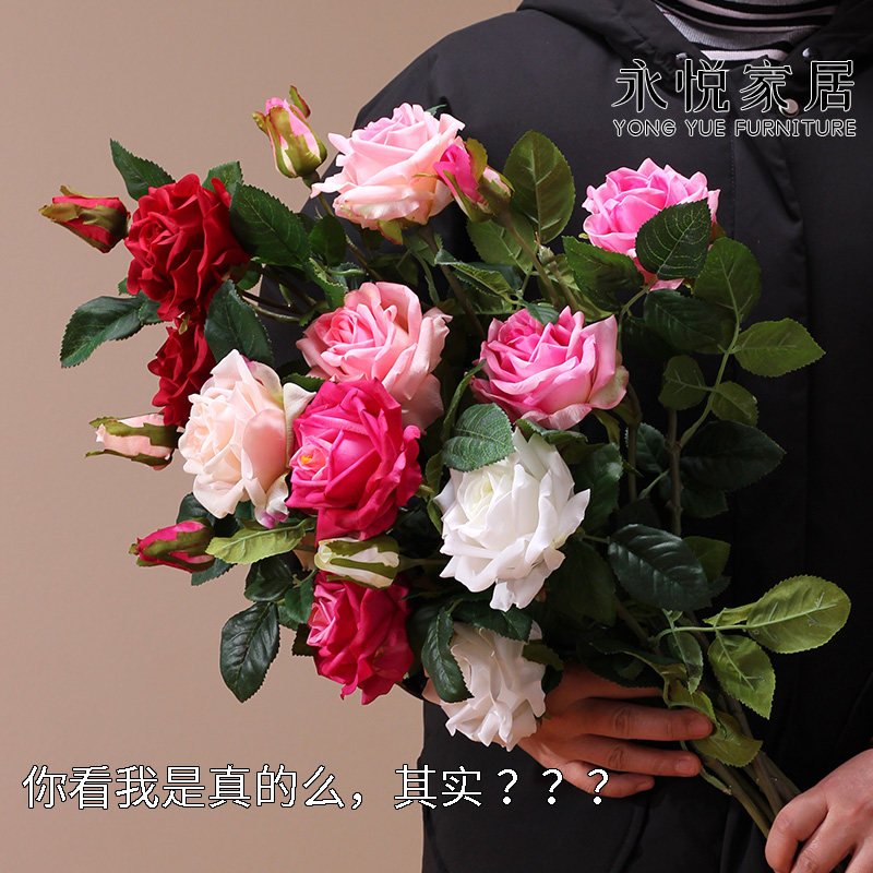 Yongyue Home European-style High moisturizing emulation Flower Rose Home Soft Furnishing Fake Flowers Desktop Pendulum bouquet