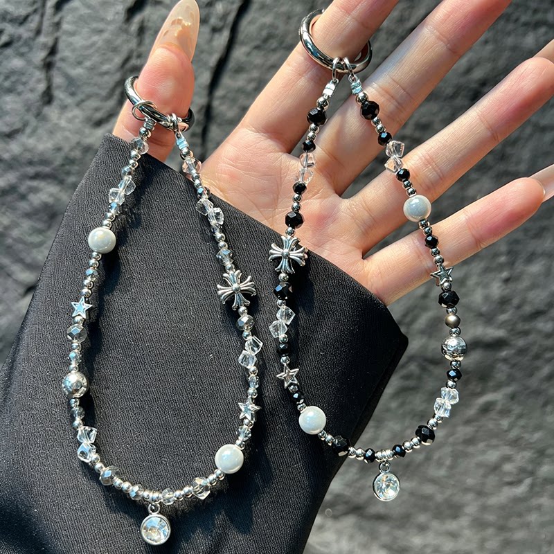 Original Chrome Hearts Cross Black Silver Beaded Phone Chain, Niche Y2K Sweet and Cool Style Anti-Loss Wrist Chain, CCD Camera Lanyard Keychain